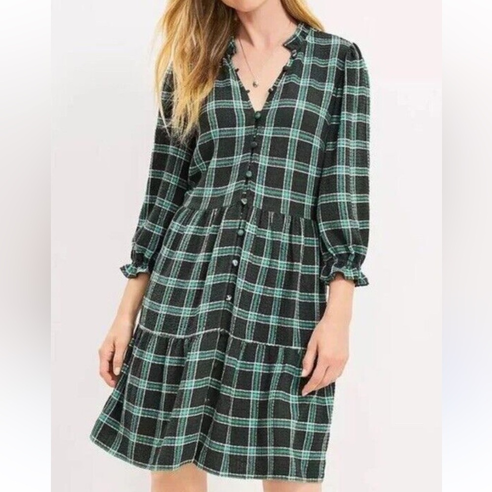 Loft Plaid Ruffle Button Swing Dress